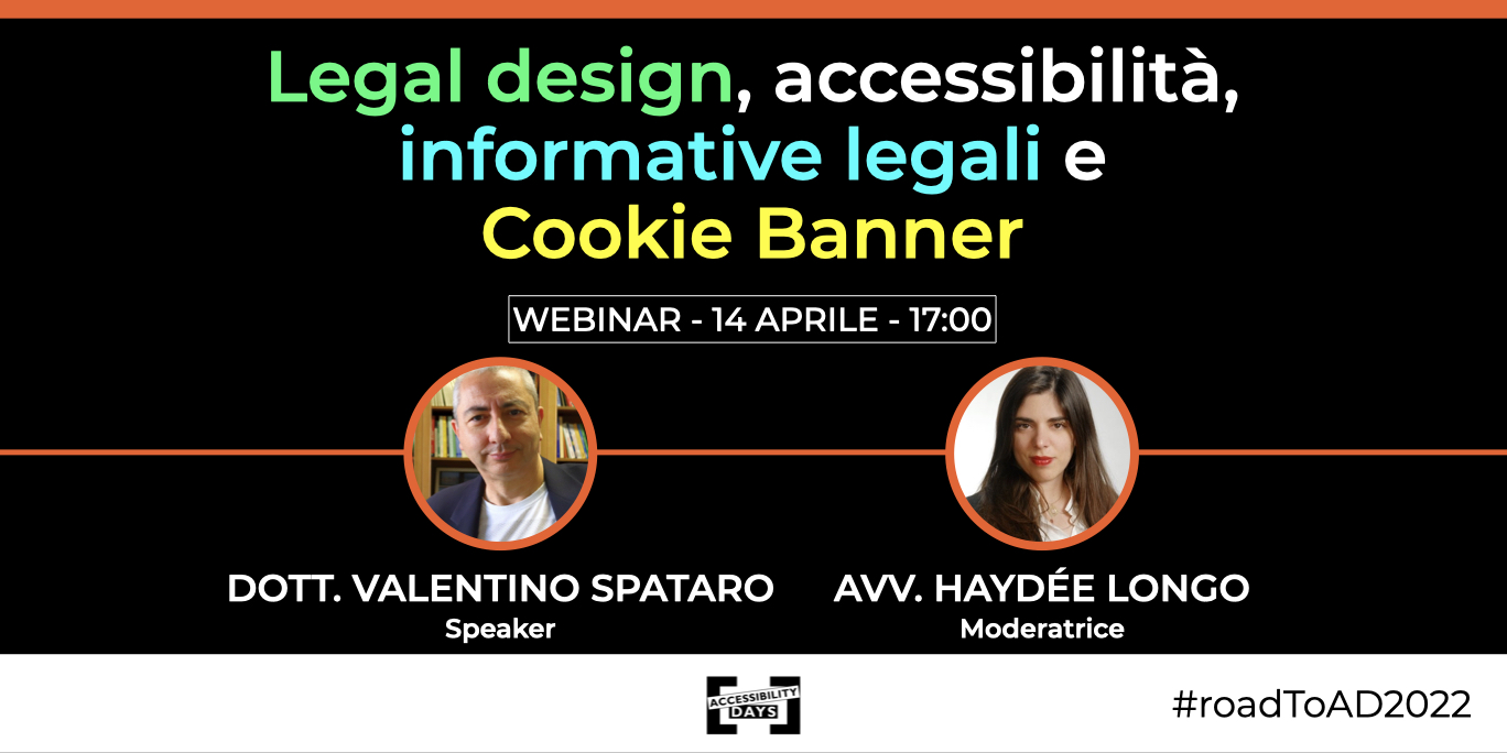 Copertina del webinar Legal design, accessibilità, informative legali e Cookie Banner